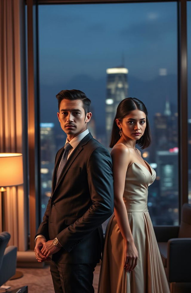 A young businessman dressed in a sleek tailored suit, exuding confidence and determination, standing in a luxurious office overlooking a city skyline