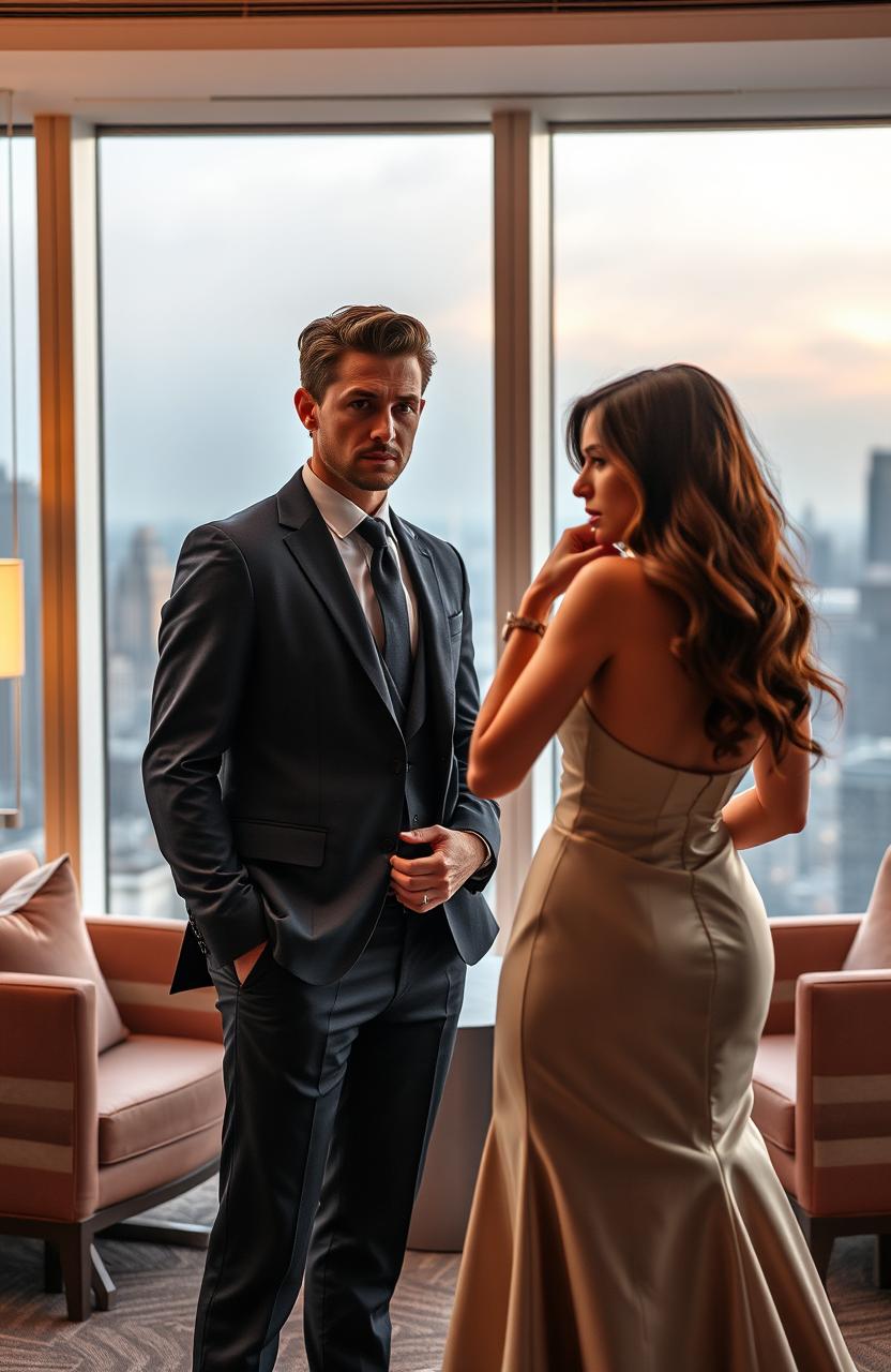 A young businessman dressed in a sleek tailored suit, exuding confidence and determination, standing in a luxurious office overlooking a city skyline