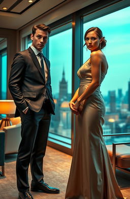 A young businessman dressed in a sleek tailored suit, exuding confidence and determination, standing in a luxurious office overlooking a city skyline