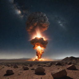 Envision an awe-inspiring collision as the meteor impacts with the ground, sending an explosion of dust, rock, and brilliant light into the atmosphere.