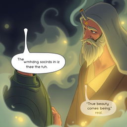 A close-up illustration from a high angle showing Ahmed, who has a determined and peaceful expression as he speaks to the Sandman