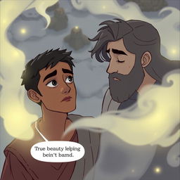 A close-up illustration from a high angle showing Ahmed, who has a determined and peaceful expression as he speaks to the Sandman