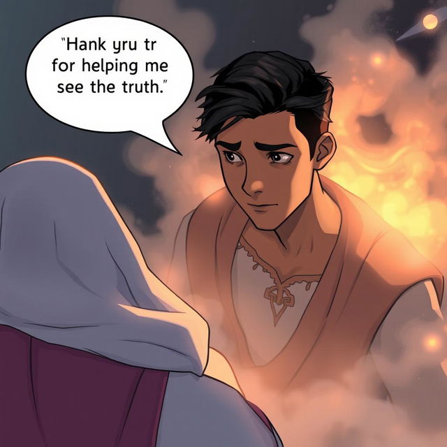 A close-up illustration from a high angle showing Ahmed, who has a determined and peaceful expression as he speaks to the Sandman