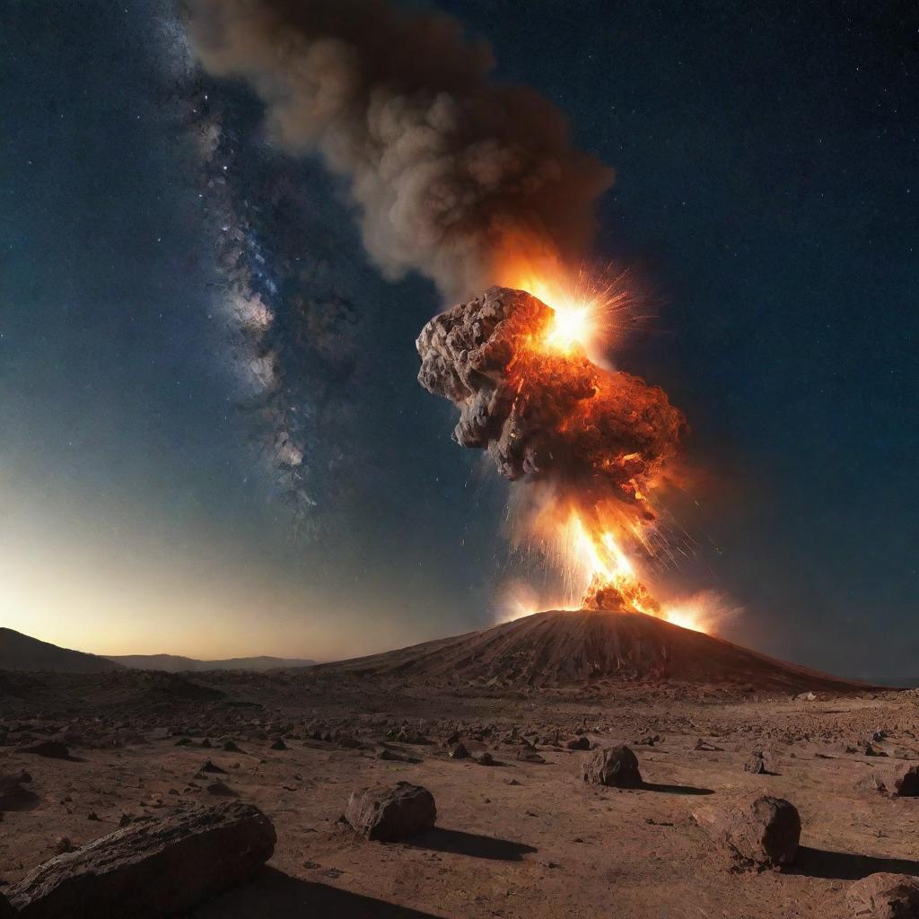 Envision an awe-inspiring collision as the meteor impacts with the ground, sending an explosion of dust, rock, and brilliant light into the atmosphere.