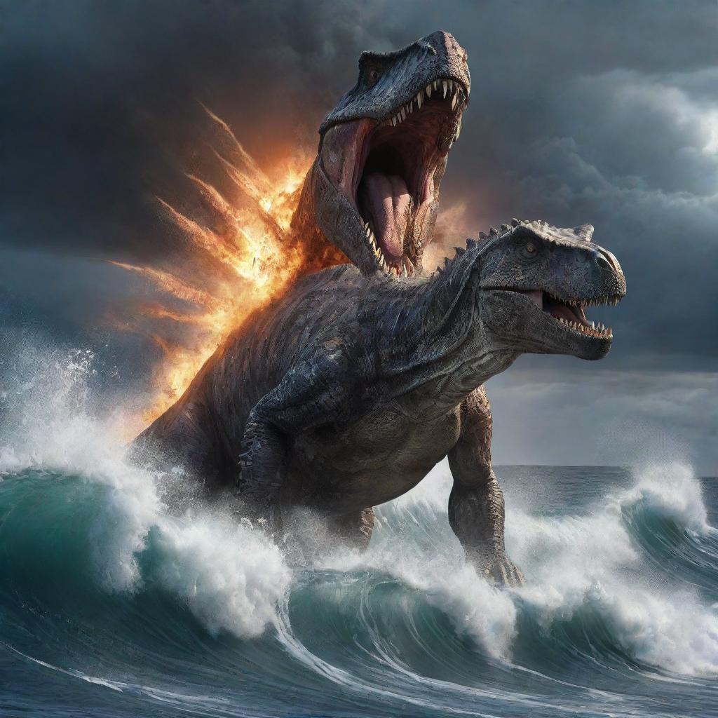 Imagine the moment of a meteor's impact in the ocean, causing a gigantic splash and tidal wave, with terrified dinosaurs fleeing the scene in all directions.