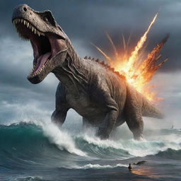 Imagine the moment of a meteor's impact in the ocean, causing a gigantic splash and tidal wave, with terrified dinosaurs fleeing the scene in all directions.