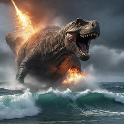 Imagine the moment of a meteor's impact in the ocean, causing a gigantic splash and tidal wave, with terrified dinosaurs fleeing the scene in all directions.