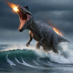 Imagine the moment of a meteor's impact in the ocean, causing a gigantic splash and tidal wave, with terrified dinosaurs fleeing the scene in all directions.