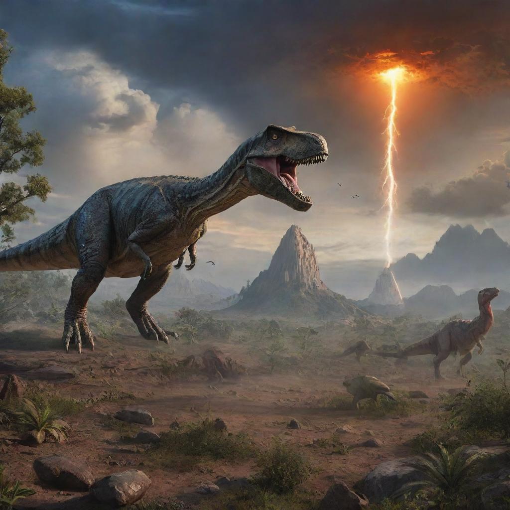 Imagine a scene from 65 million years ago, with ancient flora and fauna, dinosaurs roaming the land, and the moment just before a meteor happens to strike the Earth.