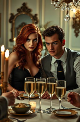 A dramatic scene capturing the tension of a convenience marriage between two adults, featuring a striking red-haired woman with an intense gaze, wearing an elegant, form-fitting dress