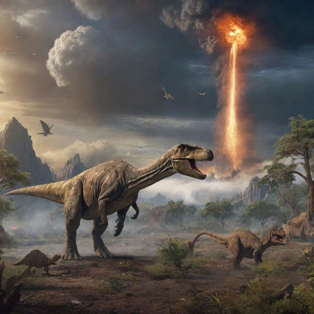 Imagine a scene from 65 million years ago, with ancient flora and fauna, dinosaurs roaming the land, and the moment just before a meteor happens to strike the Earth.