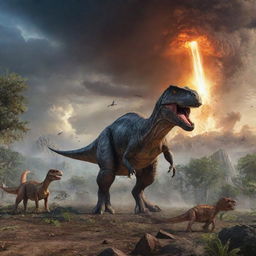 Imagine a scene from 65 million years ago, with ancient flora and fauna, dinosaurs roaming the land, and the moment just before a meteor happens to strike the Earth.