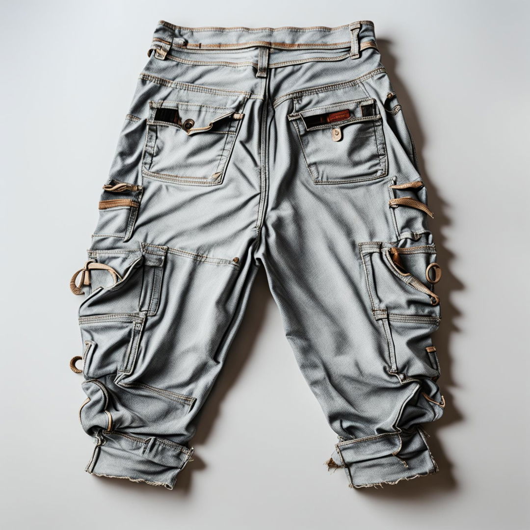 High-resolution product shot of 90s retro cargo pants in faded blue denim, taken with a 200mm lens against a white background, overlaid with a vintage tint.