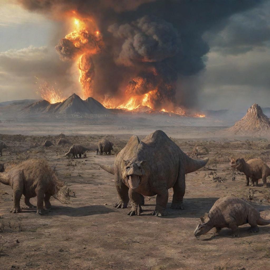 Picture an after-scene of the meteor impact, where the once thriving dinosaurs now lay still as lifeless remains amidst the transformed landscapes, signifying their extinction event.