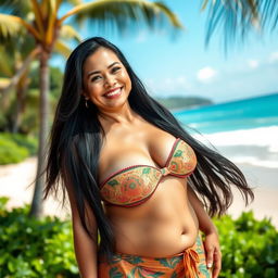 A vibrant and confident 50-year-old Indonesian woman wearing a traditional bikini, showcasing her curvy figure