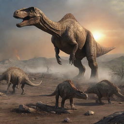 Picture an after-scene of the meteor impact, where the once thriving dinosaurs now lay still as lifeless remains amidst the transformed landscapes, signifying their extinction event.