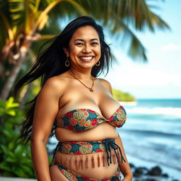 A vibrant and confident 50-year-old Indonesian woman wearing a traditional bikini, showcasing her curvy figure