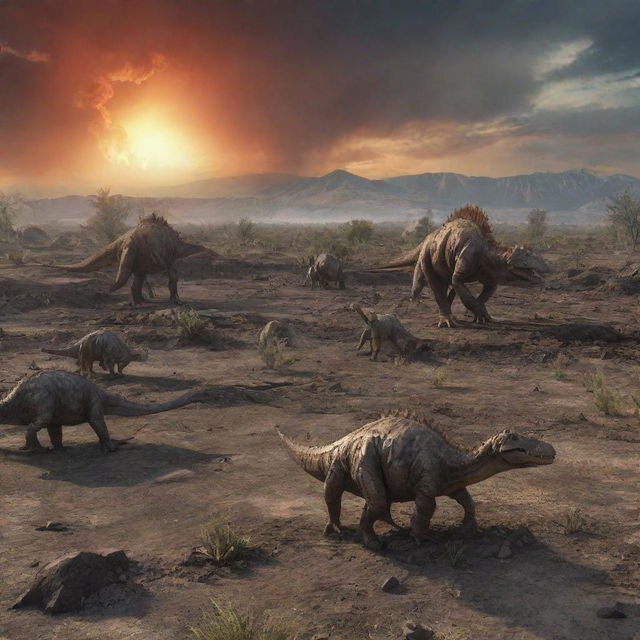 Picture an after-scene of the meteor impact, where the once thriving dinosaurs now lay still as lifeless remains amidst the transformed landscapes, signifying their extinction event.