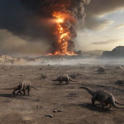 Picture an after-scene of the meteor impact, where the once thriving dinosaurs now lay still as lifeless remains amidst the transformed landscapes, signifying their extinction event.