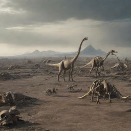 Visualize a desolate post-apocalyptic landscape with the skeletons and remains of dinosaurs strewn around, symbolizing the end of the dinosaur era and their total extinction.