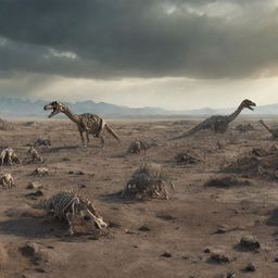 Visualize a desolate post-apocalyptic landscape with the skeletons and remains of dinosaurs strewn around, symbolizing the end of the dinosaur era and their total extinction.