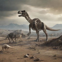 Visualize a desolate post-apocalyptic landscape with the skeletons and remains of dinosaurs strewn around, symbolizing the end of the dinosaur era and their total extinction.