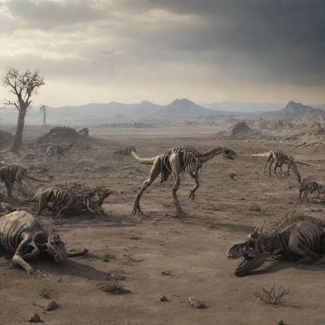 Visualize a desolate post-apocalyptic landscape with the skeletons and remains of dinosaurs strewn around, symbolizing the end of the dinosaur era and their total extinction.