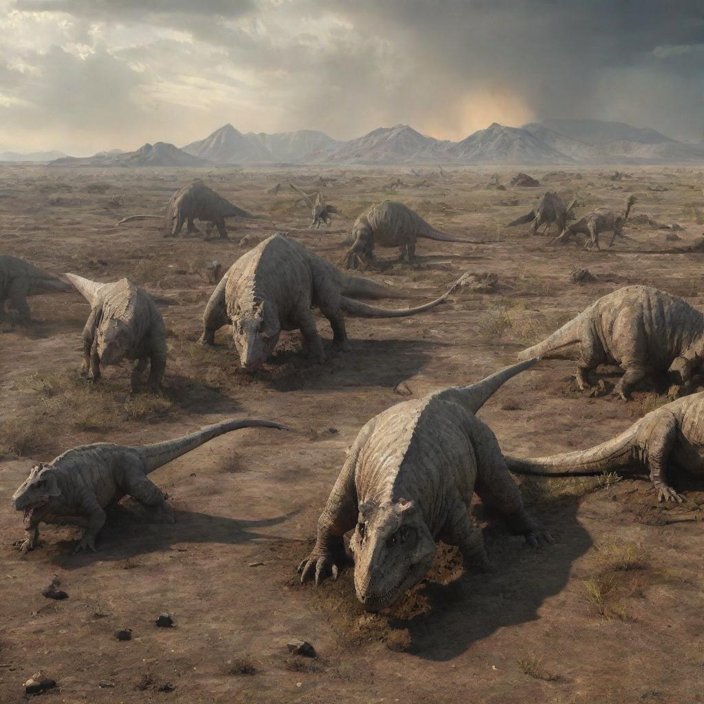 Depict a tragic, ancient scene where the bodies of dinosaurs lay scattered across the terrain, signifying the aftermath of a catastrophic event leading to their extinction.