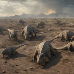 Depict a tragic, ancient scene where the bodies of dinosaurs lay scattered across the terrain, signifying the aftermath of a catastrophic event leading to their extinction.