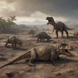 Depict a tragic, ancient scene where the bodies of dinosaurs lay scattered across the terrain, signifying the aftermath of a catastrophic event leading to their extinction.