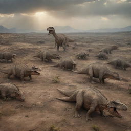 Depict a tragic, ancient scene where the bodies of dinosaurs lay scattered across the terrain, signifying the aftermath of a catastrophic event leading to their extinction.