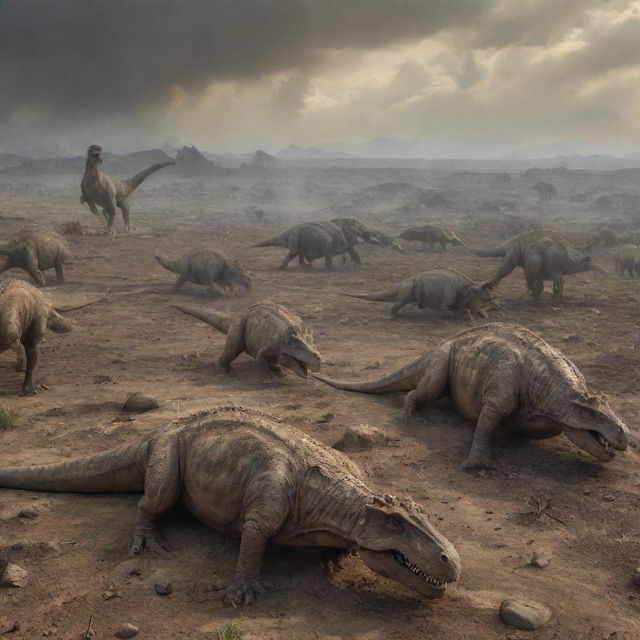 Depict a tragic, ancient scene where the bodies of dinosaurs lay scattered across the terrain, signifying the aftermath of a catastrophic event leading to their extinction.