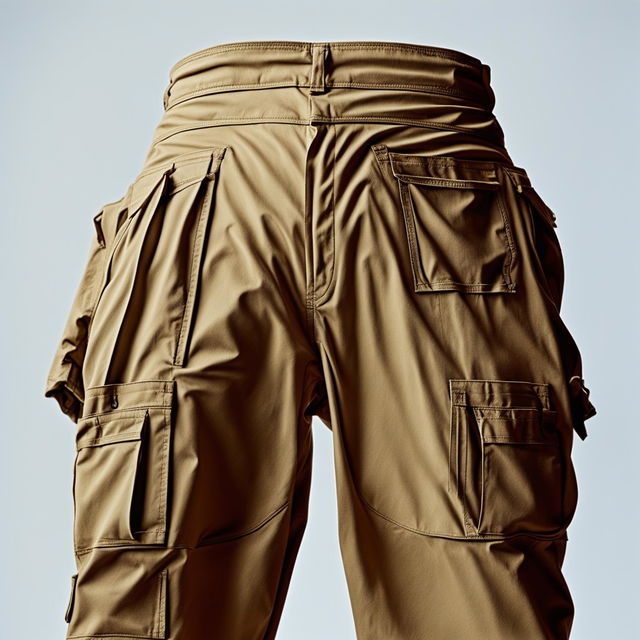 90s vintage product shot of khaki cargo pants with a white background, captured with a 200mm lens in 32k resolution.