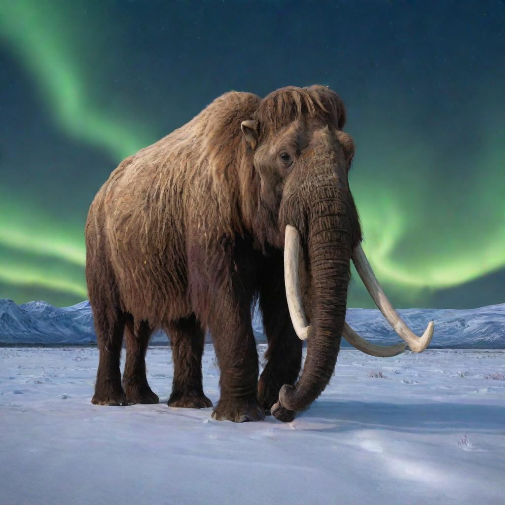 Visualize a lone, mighty woolly mammoth roaming through the snow-covered plains, under the pale glow of the northern lights, signaling life in the Ice Age.