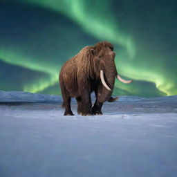 Visualize a lone, mighty woolly mammoth roaming through the snow-covered plains, under the pale glow of the northern lights, signaling life in the Ice Age.