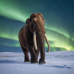 Visualize a lone, mighty woolly mammoth roaming through the snow-covered plains, under the pale glow of the northern lights, signaling life in the Ice Age.