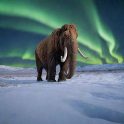 Visualize a lone, mighty woolly mammoth roaming through the snow-covered plains, under the pale glow of the northern lights, signaling life in the Ice Age.