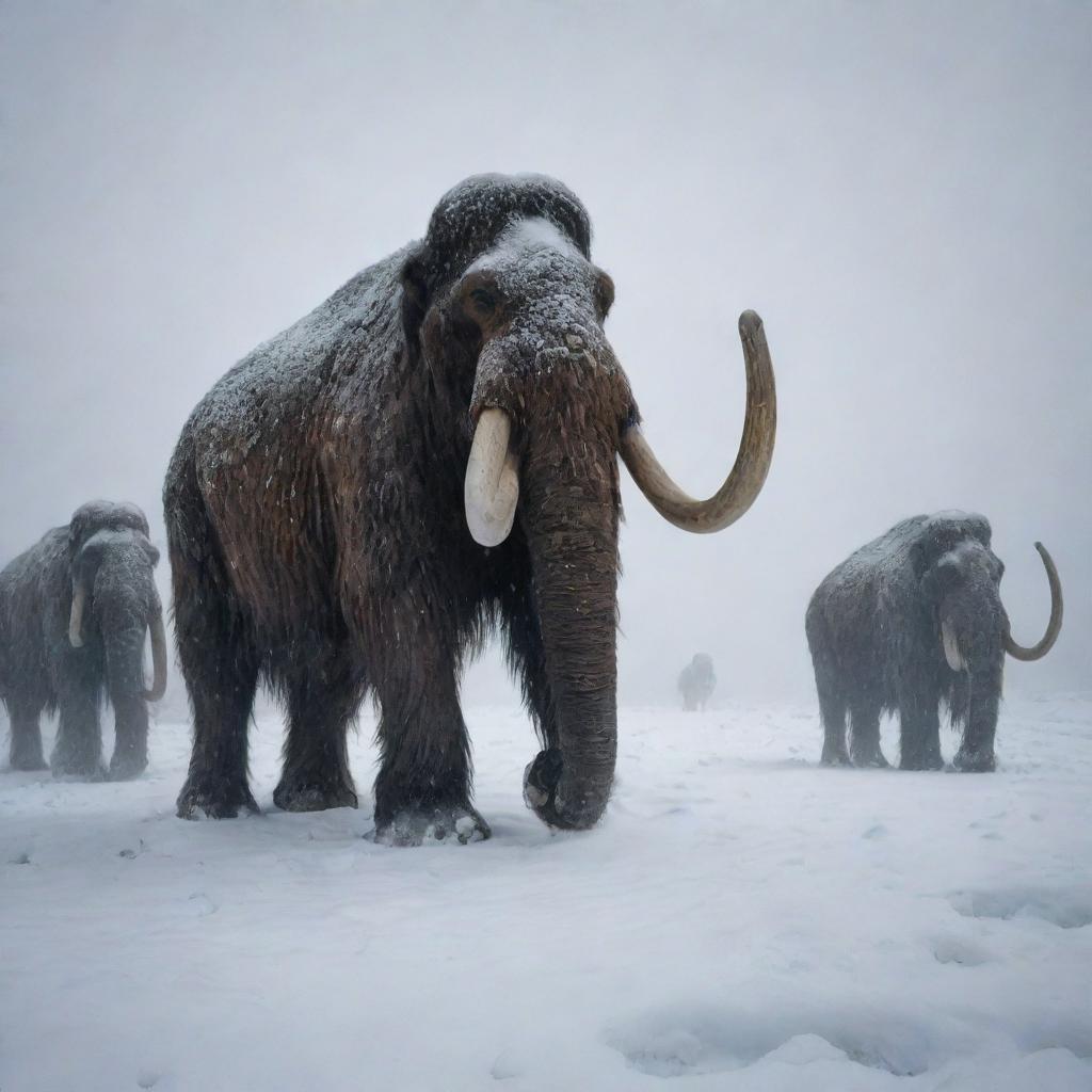 Depict an intense snowstorm causing the downfall of a herd of woolly mammoths, their large figures collapsing under the harsh blizzard, reflecting harsh conditions of the Ice Age.