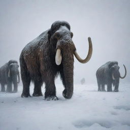 Depict an intense snowstorm causing the downfall of a herd of woolly mammoths, their large figures collapsing under the harsh blizzard, reflecting harsh conditions of the Ice Age.