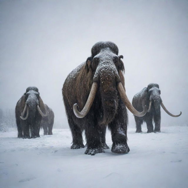 Depict an intense snowstorm causing the downfall of a herd of woolly mammoths, their large figures collapsing under the harsh blizzard, reflecting harsh conditions of the Ice Age.