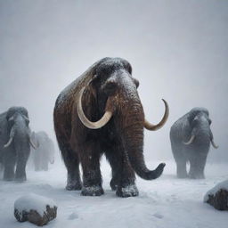 Depict an intense snowstorm causing the downfall of a herd of woolly mammoths, their large figures collapsing under the harsh blizzard, reflecting harsh conditions of the Ice Age.