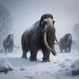 Depict an intense snowstorm causing the downfall of a herd of woolly mammoths, their large figures collapsing under the harsh blizzard, reflecting harsh conditions of the Ice Age.