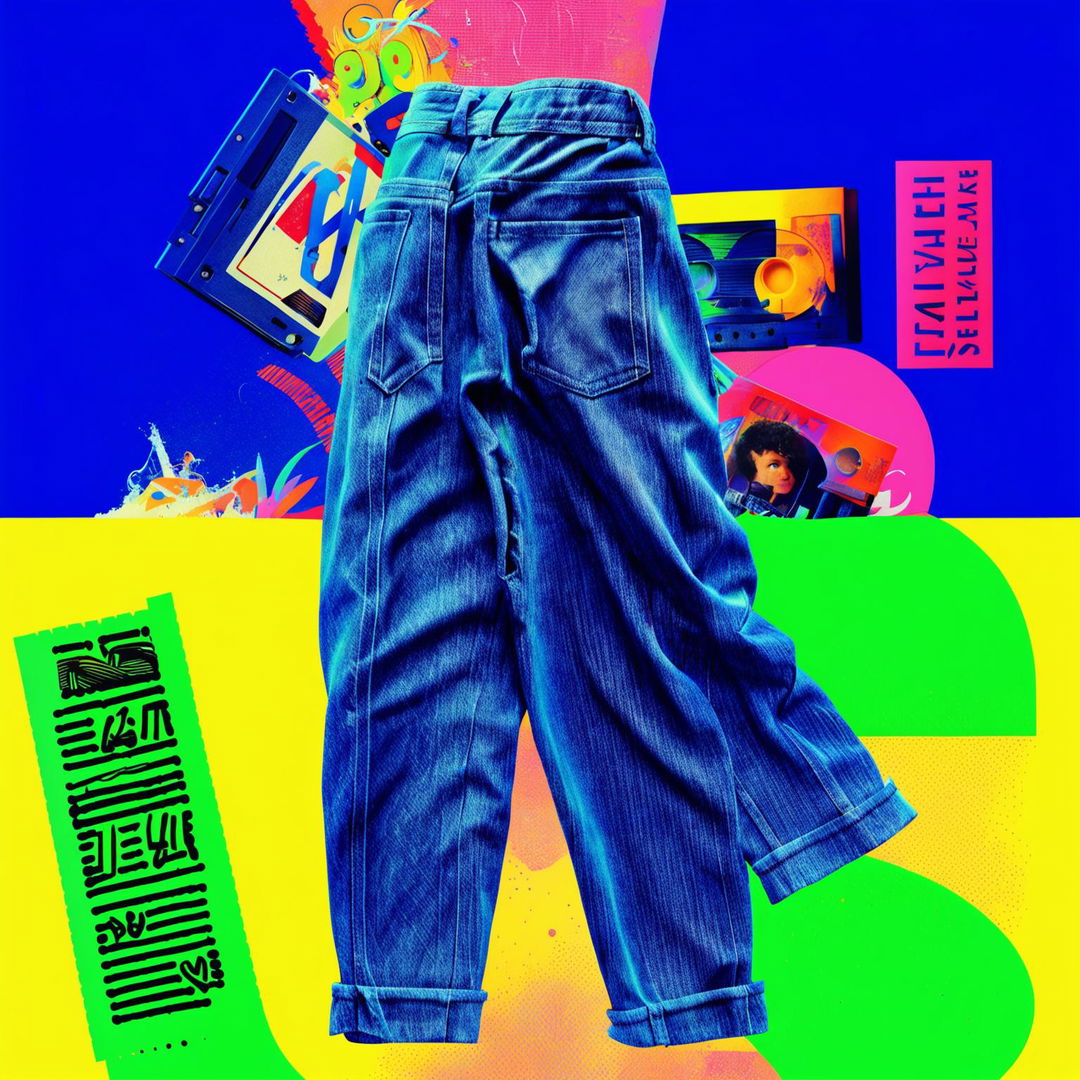 High-waisted 90s denim pants in a vintage-inspired digital art piece with a background collage of 90s pop culture references.