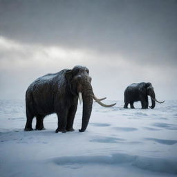 Envisage the eerie aftermath of a fatal blizzard, where the once mighty mammoths are now just shadows buried deep within the relentless ice, disappearing from sight.