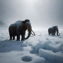 Envisage the eerie aftermath of a fatal blizzard, where the once mighty mammoths are now just shadows buried deep within the relentless ice, disappearing from sight.