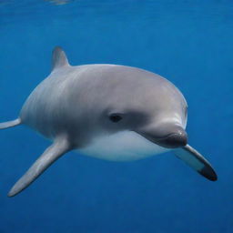 A captivating image of the rarest animal, the Vaquita porpoise, known for its elusive nature. It's small, sleek body with distinctive dark patches around the eyes and mouth contrast against the azure backdrop of its ocean habitat.