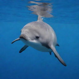 A captivating image of the rarest animal, the Vaquita porpoise, known for its elusive nature. It's small, sleek body with distinctive dark patches around the eyes and mouth contrast against the azure backdrop of its ocean habitat.