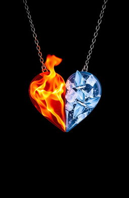 A stunning heart-shaped necklace divided perfectly in half: one side adorned with vibrant, flickering flames and the other side glistening with beautiful, intricate ice crystals