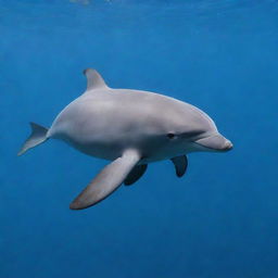 A captivating image of the rarest animal, the Vaquita porpoise, known for its elusive nature. It's small, sleek body with distinctive dark patches around the eyes and mouth contrast against the azure backdrop of its ocean habitat.