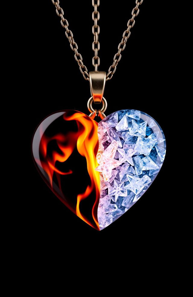 A stunning heart-shaped necklace divided perfectly in half: one side adorned with vibrant, flickering flames and the other side glistening with beautiful, intricate ice crystals